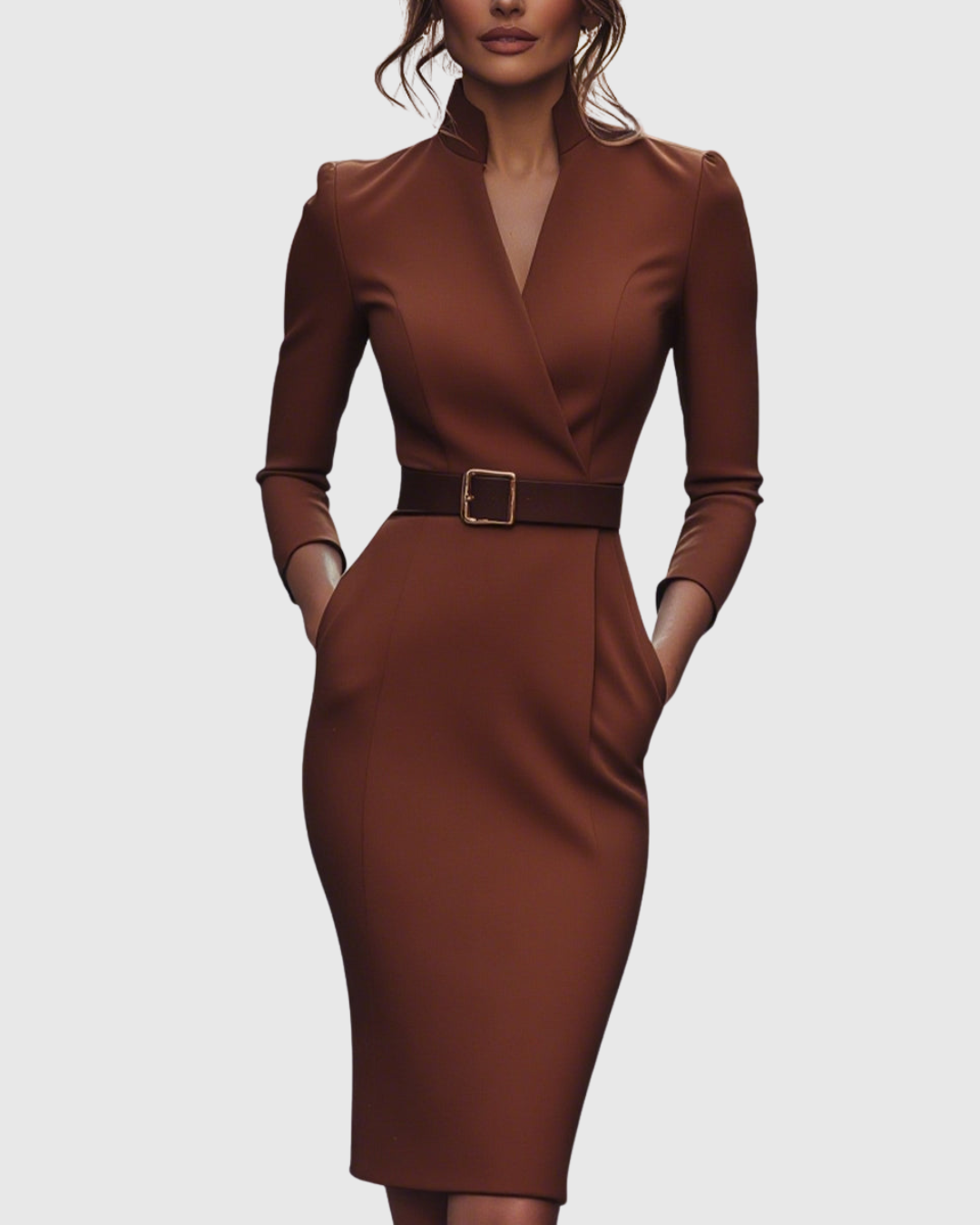 Women's Belted Bodycon Midi Dress - V-Neck and Three-Quarter Sleeves