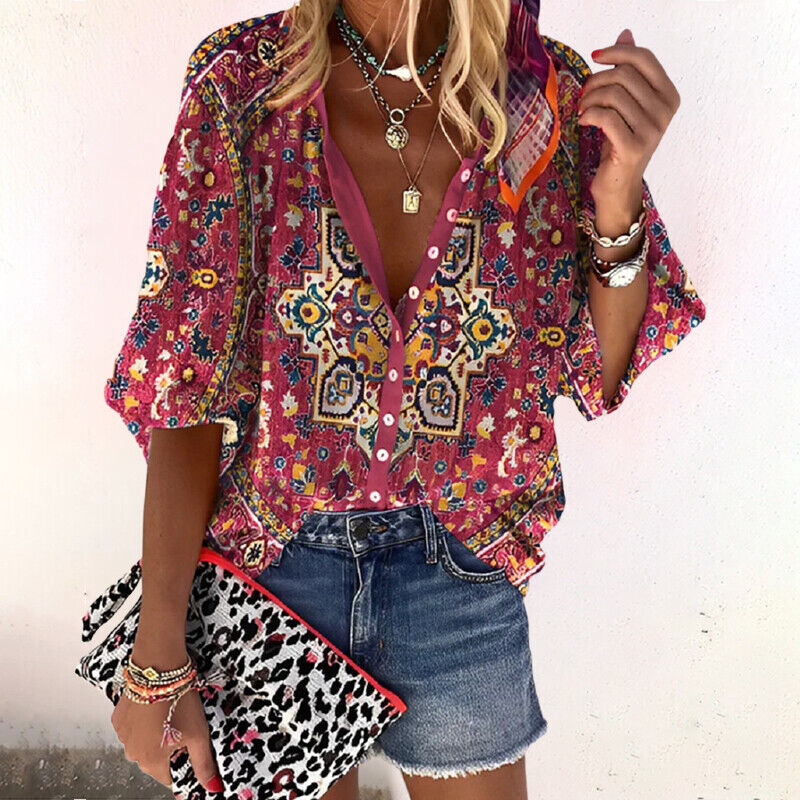 Women's Blouse Button Down Shirt with V Neck and Wide Three Quarter Sleeves