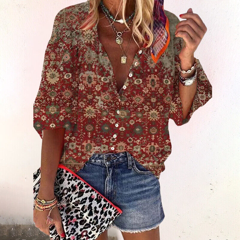 Women's Blouse Button Down Shirt with V Neck and Wide Three Quarter Sleeves