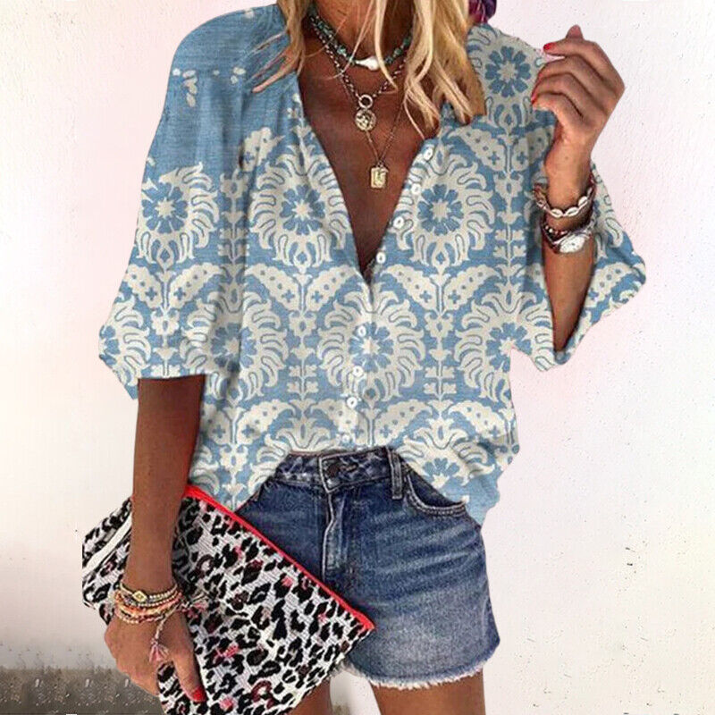 Women's Blouse Button Down Shirt with V Neck and Wide Three Quarter Sleeves