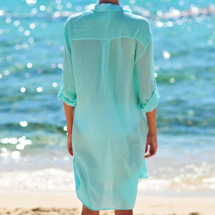 Women's Button-Down Cover-Up Mini Dress - Dual Chest Pockets