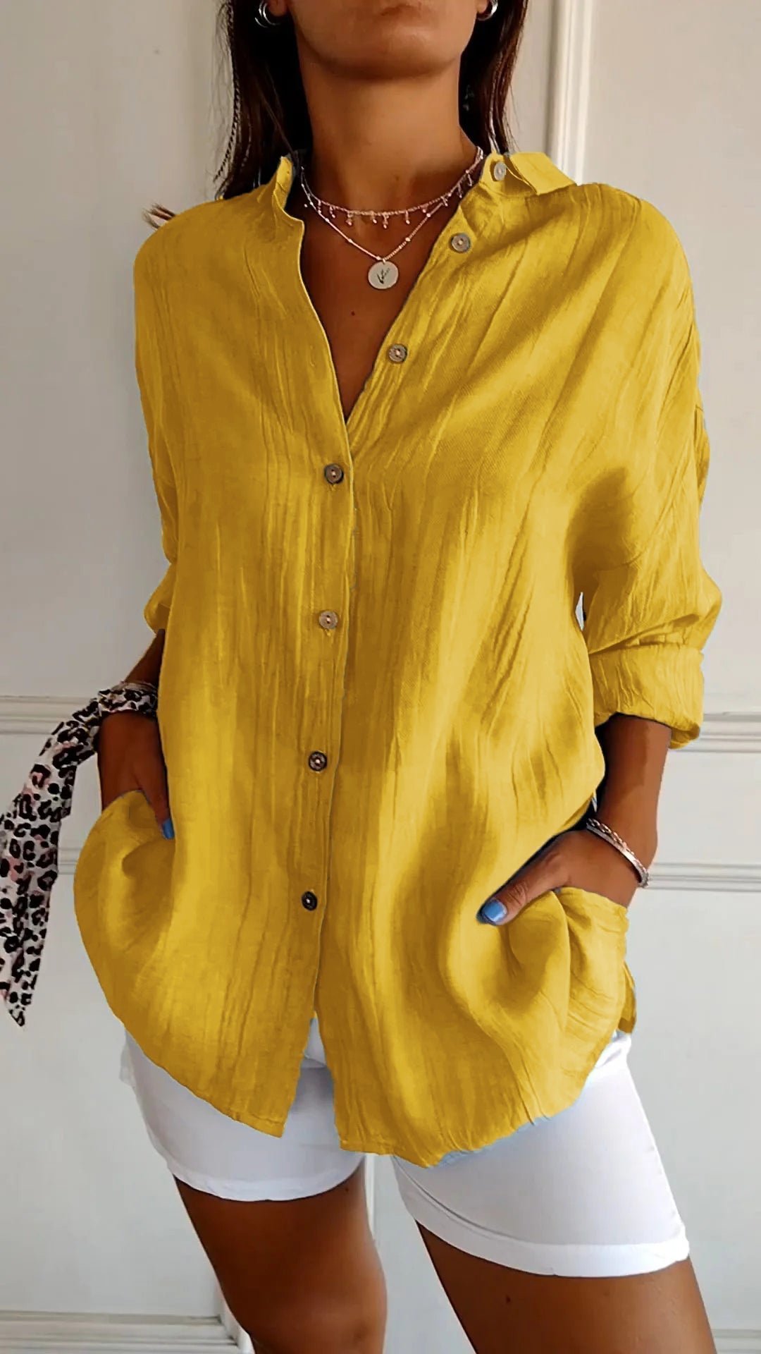 Women’s Button-Down Long Sleeve Blouse - Crinkled Linen Texture