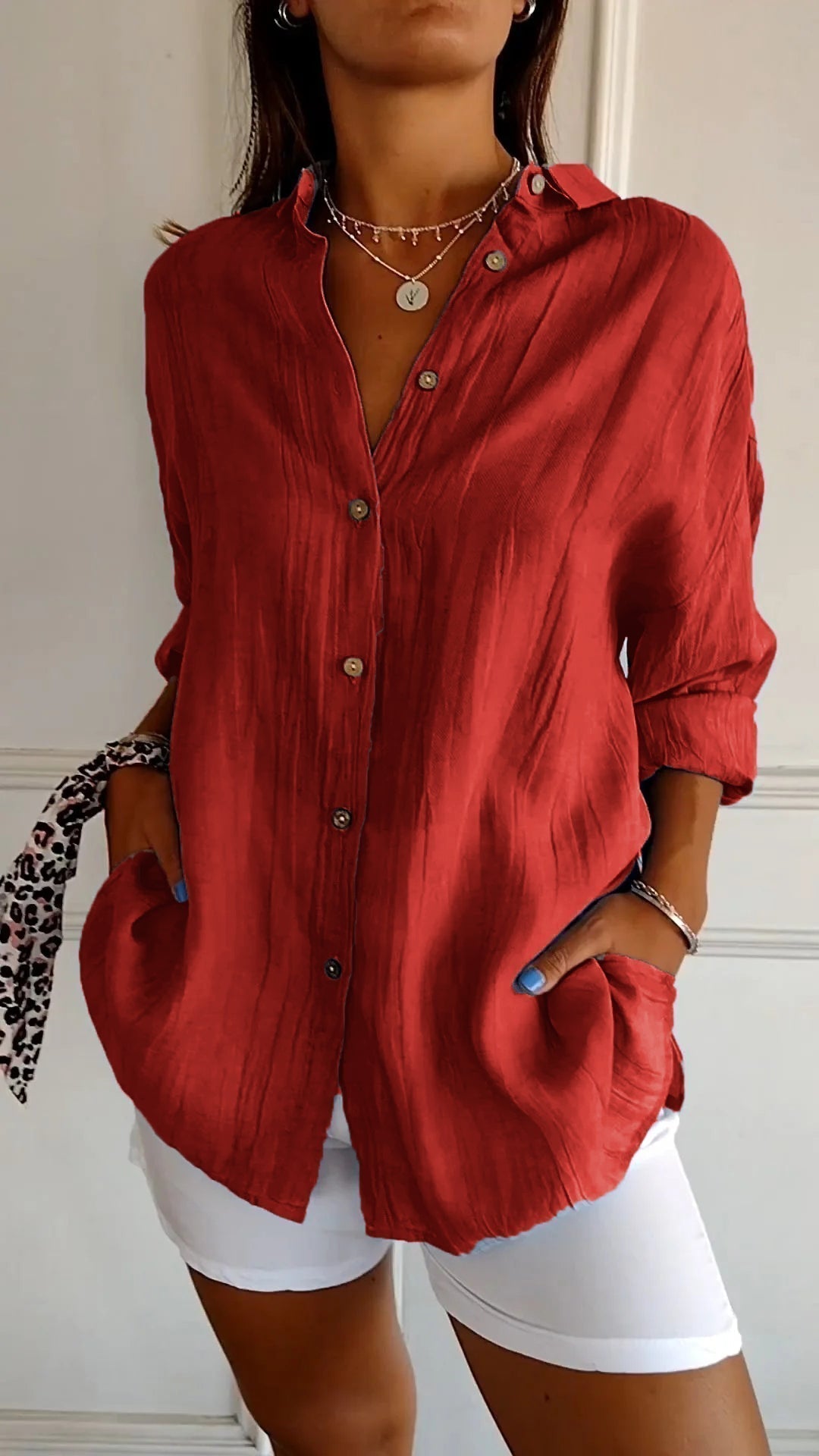 Women’s Button-Down Long Sleeve Blouse - Crinkled Linen Texture