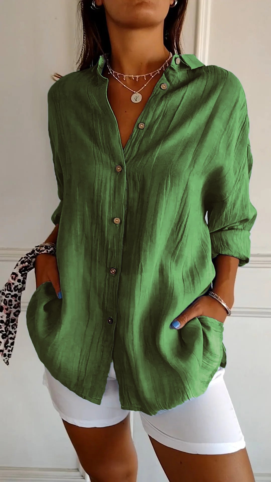 Women’s Button-Down Long Sleeve Blouse - Crinkled Linen Texture