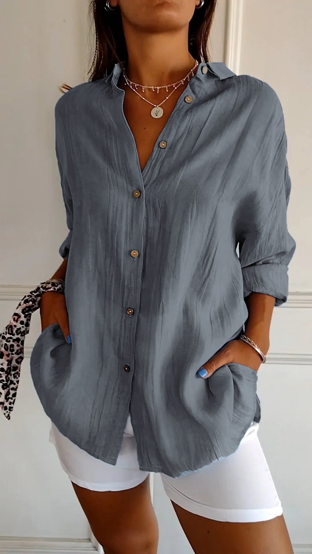 Women’s Button-Down Long Sleeve Blouse - Crinkled Linen Texture