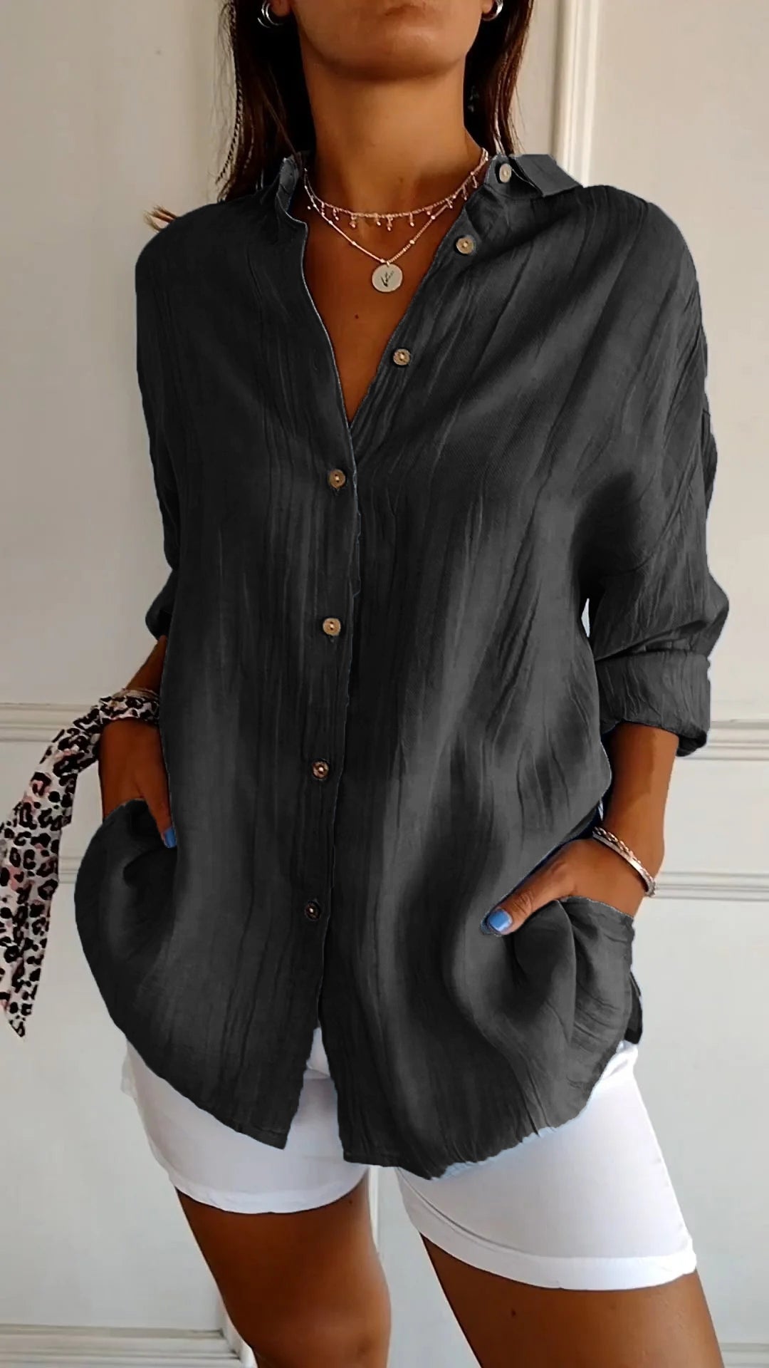 Women’s Button-Down Long Sleeve Blouse - Crinkled Linen Texture