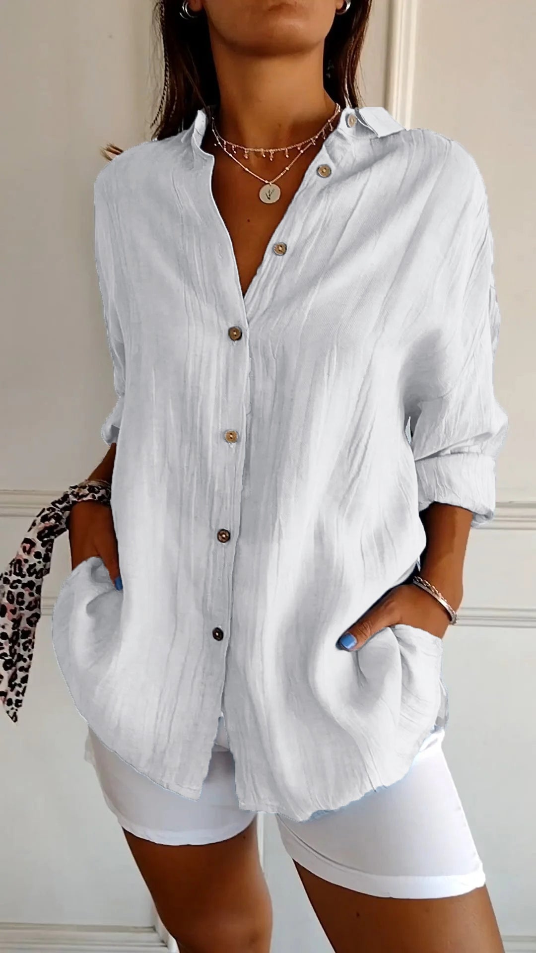 Women’s Button-Down Long Sleeve Blouse - Crinkled Linen Texture