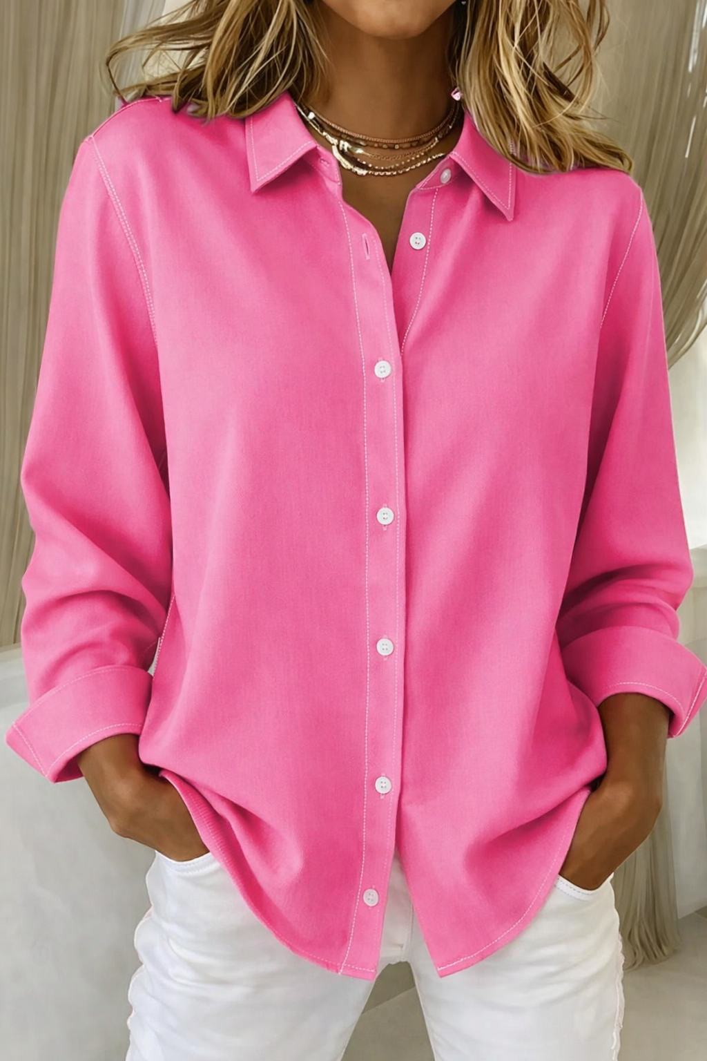 Women's Button Blouse Collared Long Sleeve Top