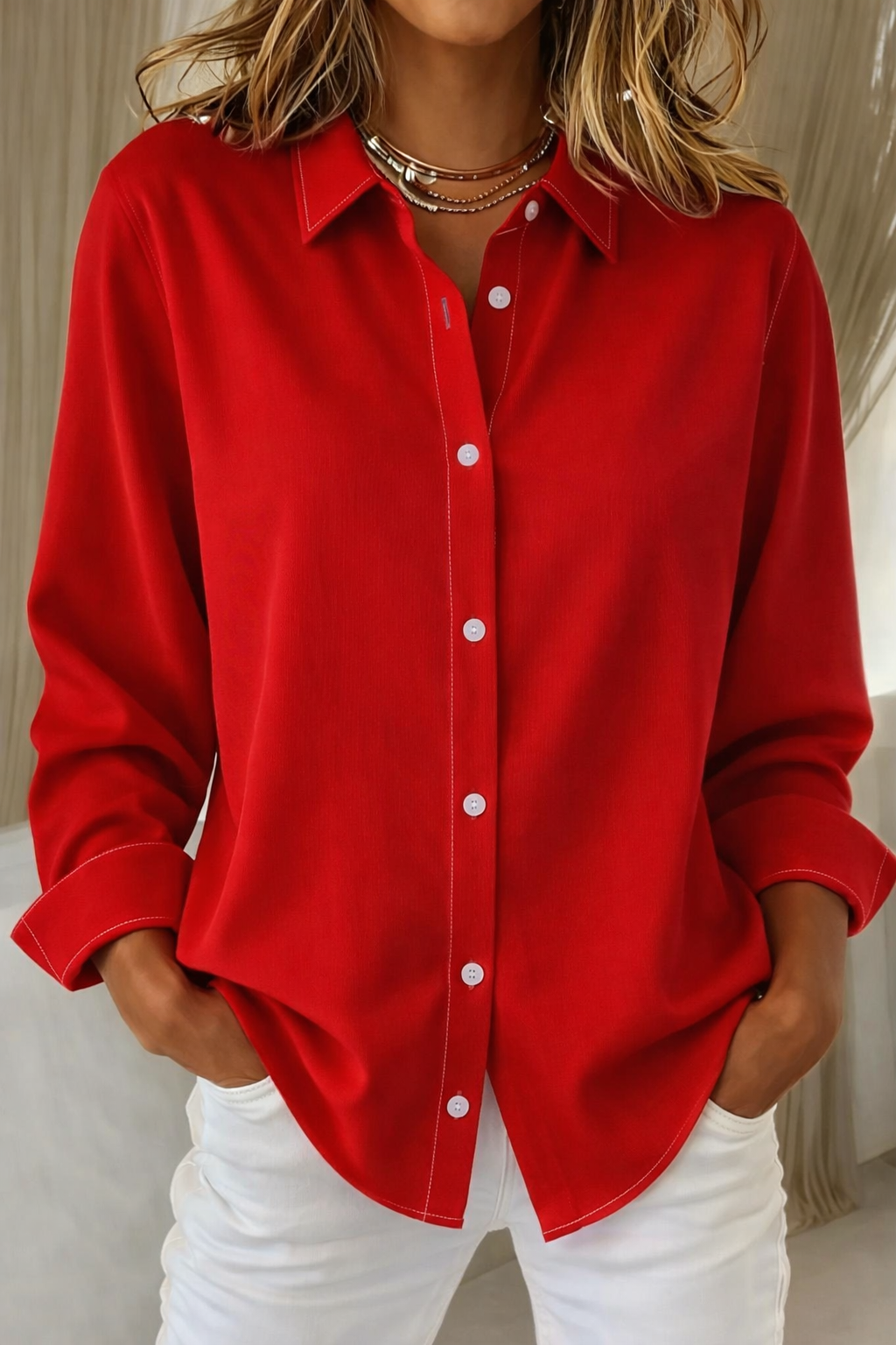Women's Button Blouse Collared Long Sleeve Top