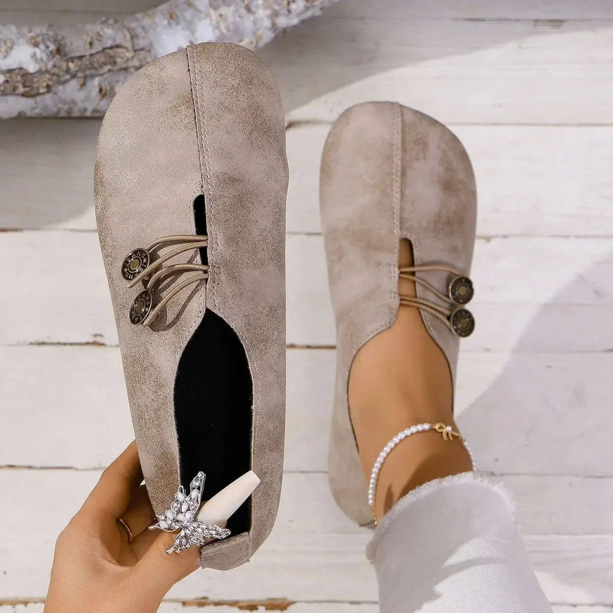 Women's Casual Flats - Matte Finish and Button Elastic Fastening Detail