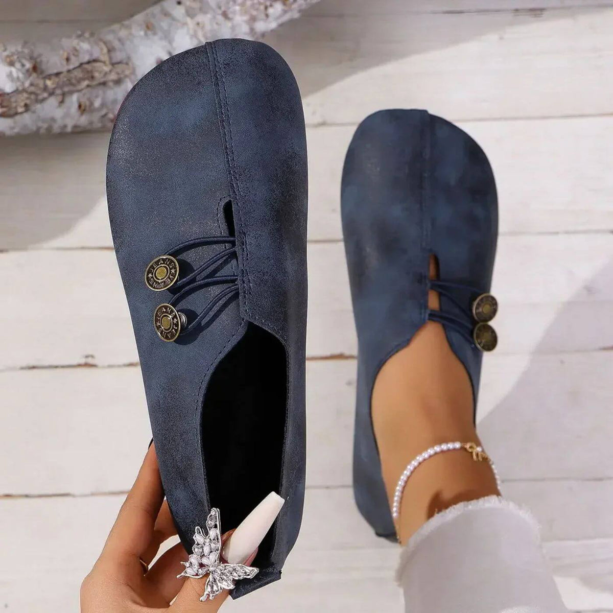 Women's Casual Flats - Matte Finish and Button Elastic Fastening Detail