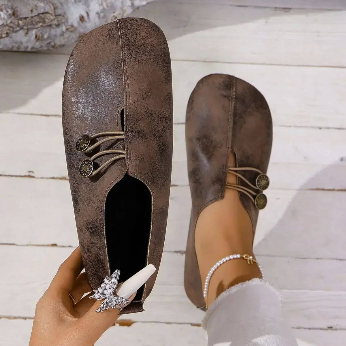 Women's Casual Flats - Matte Finish and Button Elastic Fastening Detail