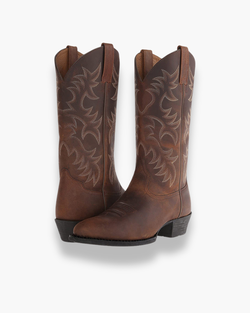 Women's Cowboy Boots - Ornate Western Stitching and Block Heel Detail
