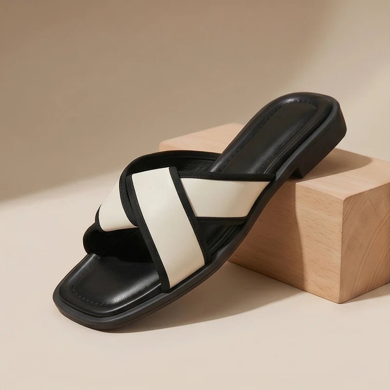 Women's Flat Slide Sandals - Contrast Piping and Crisscross Straps