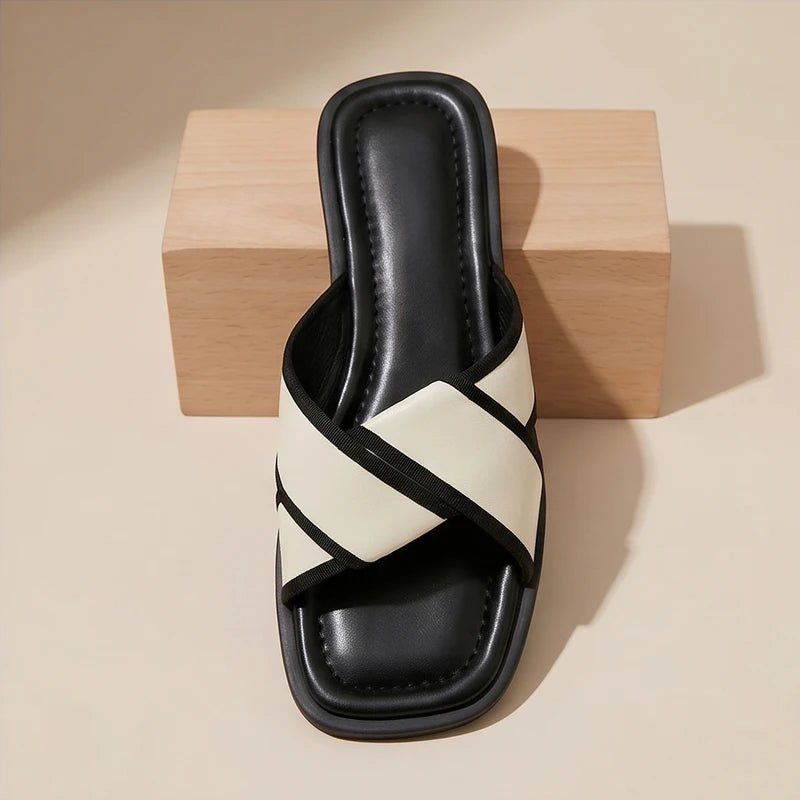 Women's Flat Slide Sandals - Contrast Piping and Crisscross Straps