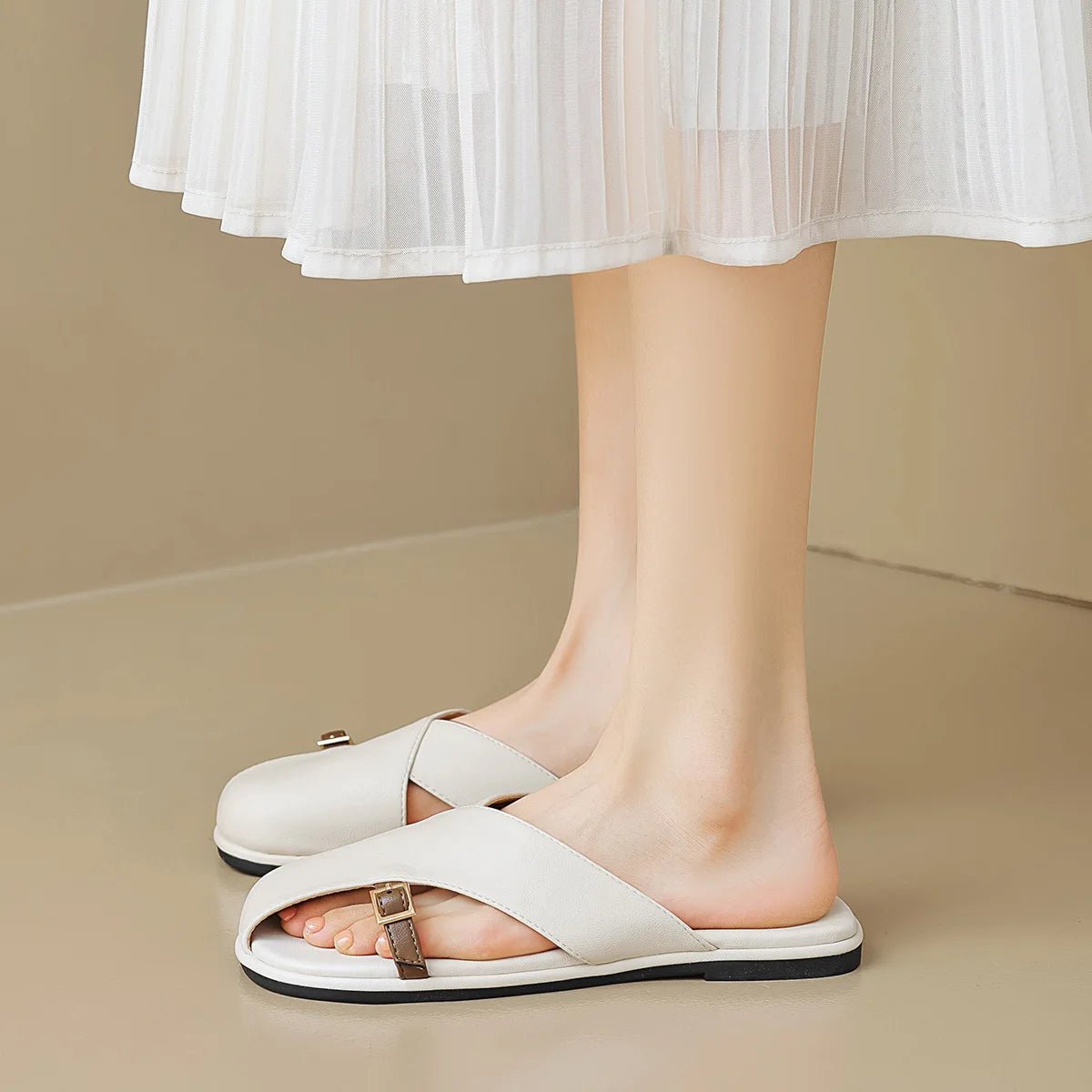 Women's Flat Slide Sandals - Crisscross Straps and Buckle Detail