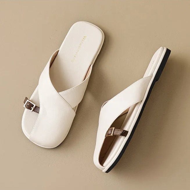 Women's Flat Slide Sandals - Crisscross Straps and Buckle Detail
