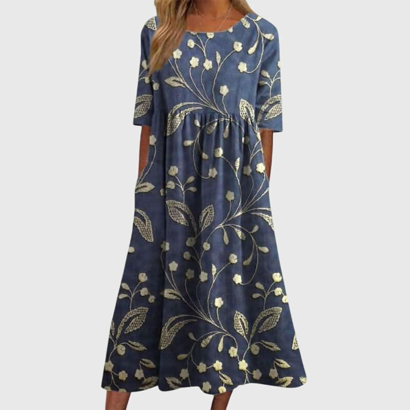 Women's Floral Linen Midi Dress - Empire Waist and Side Pockets