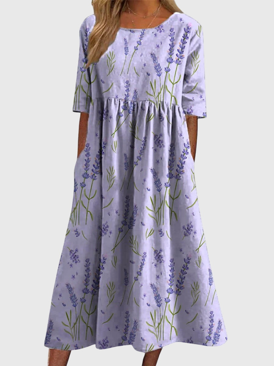 Women's Floral Linen Midi Dress - Empire Waist and Side Pockets