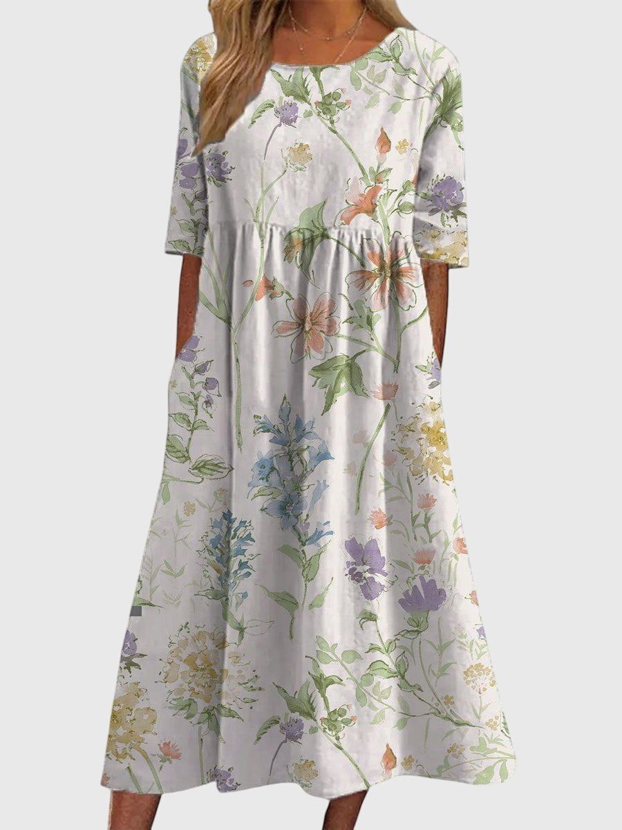 Women's Floral Linen Midi Dress - Empire Waist and Side Pockets