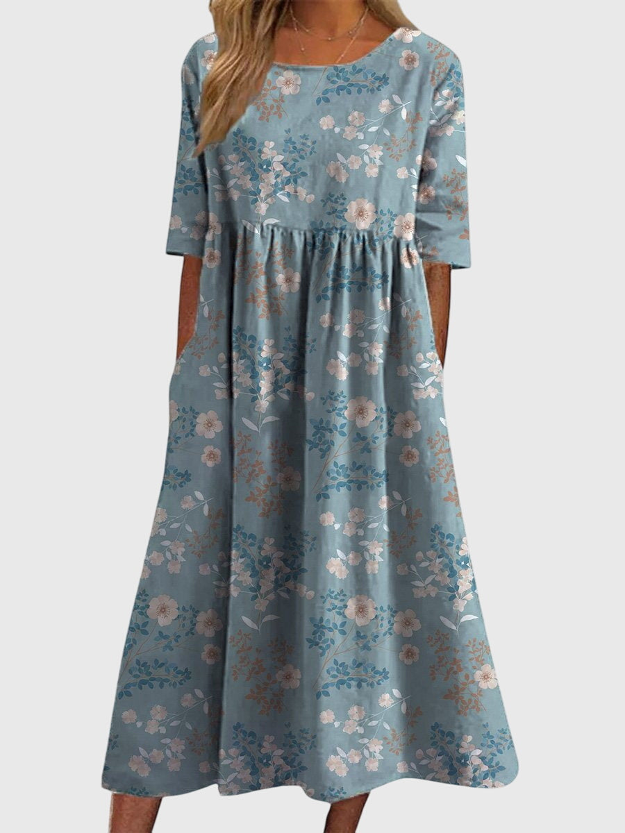 Women's Floral Linen Midi Dress - Empire Waist and Side Pockets