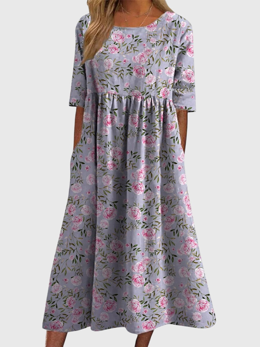 Women's Floral Linen Midi Dress - Empire Waist and Side Pockets