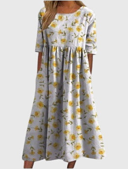 Women's Floral Linen Midi Dress - Empire Waist and Side Pockets
