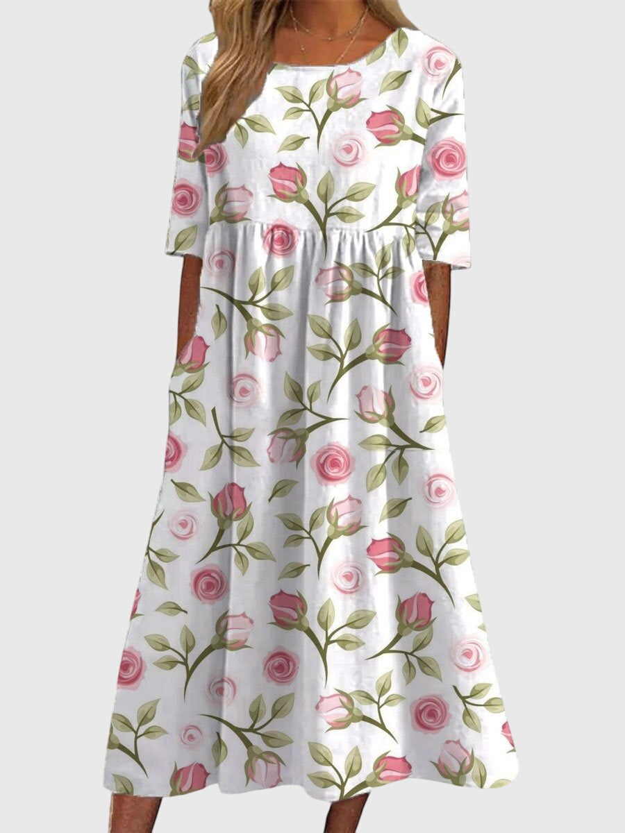 Women's Floral Linen Midi Dress - Empire Waist and Side Pockets