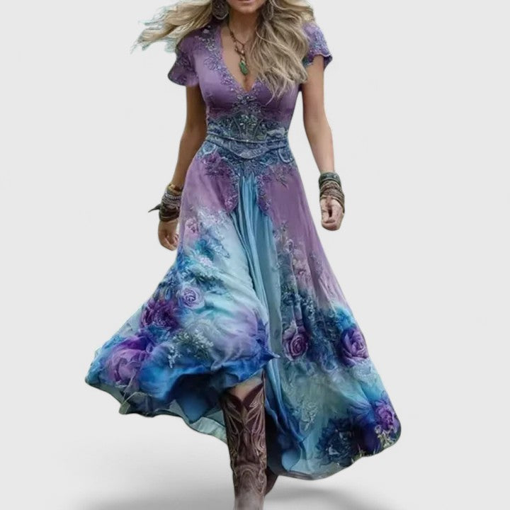 Women's Floral Maxi Dress V-Neck Flowy Summer