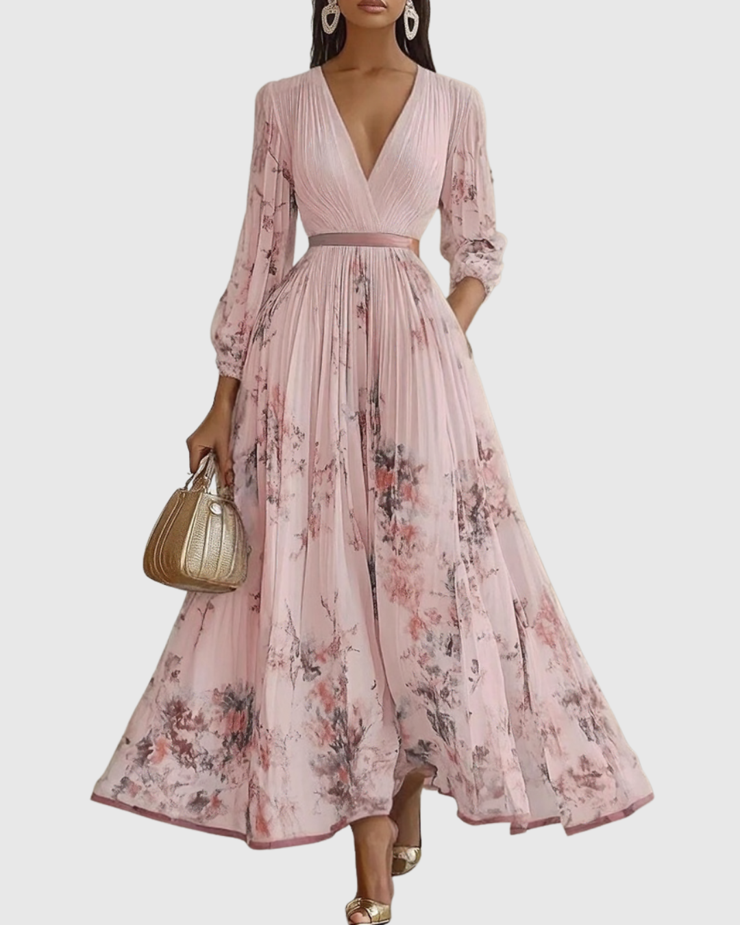 Women's Floral Plissé Midi Dress - V-Neck and Pleated Detail