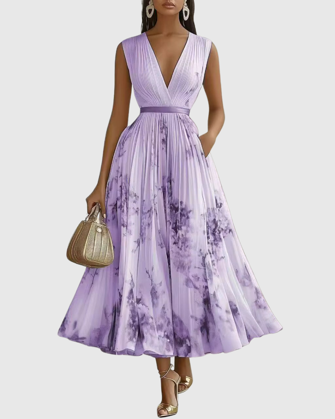 Women's Floral Plissé Midi Dress - V-Neck and Pleated Detail