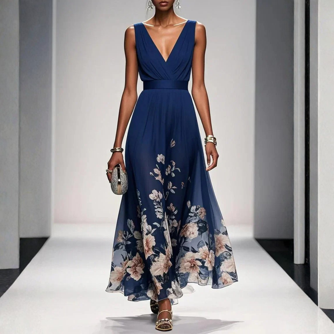 Women's Floral Print V-Neck Maxi Dress - Textured Ruched Bodice