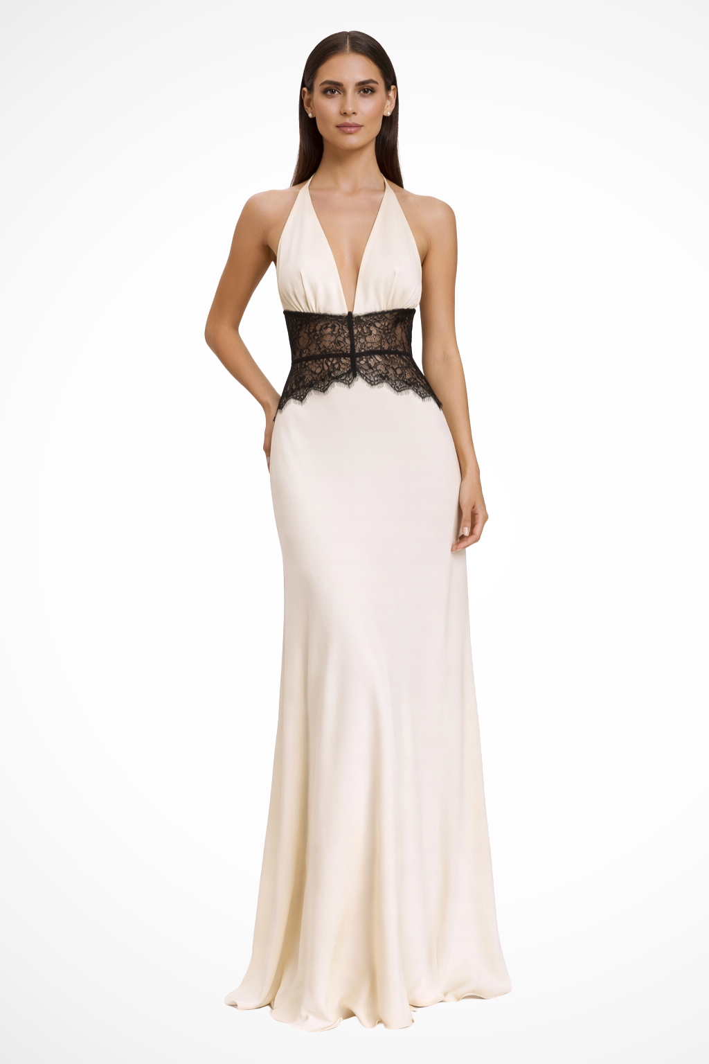 Women's Halter Neck Wedding Guest Maxi Dress - Sheer Lace Waist Detail
