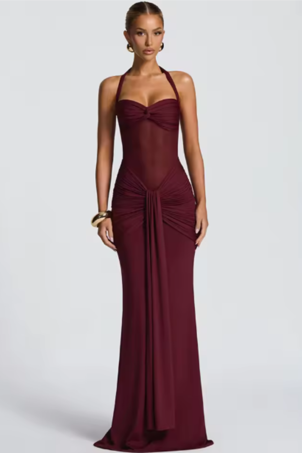 Women's Halter Neck Wedding Guest Maxi Dress - Twist Front Bodice and Gathered Hip Detail