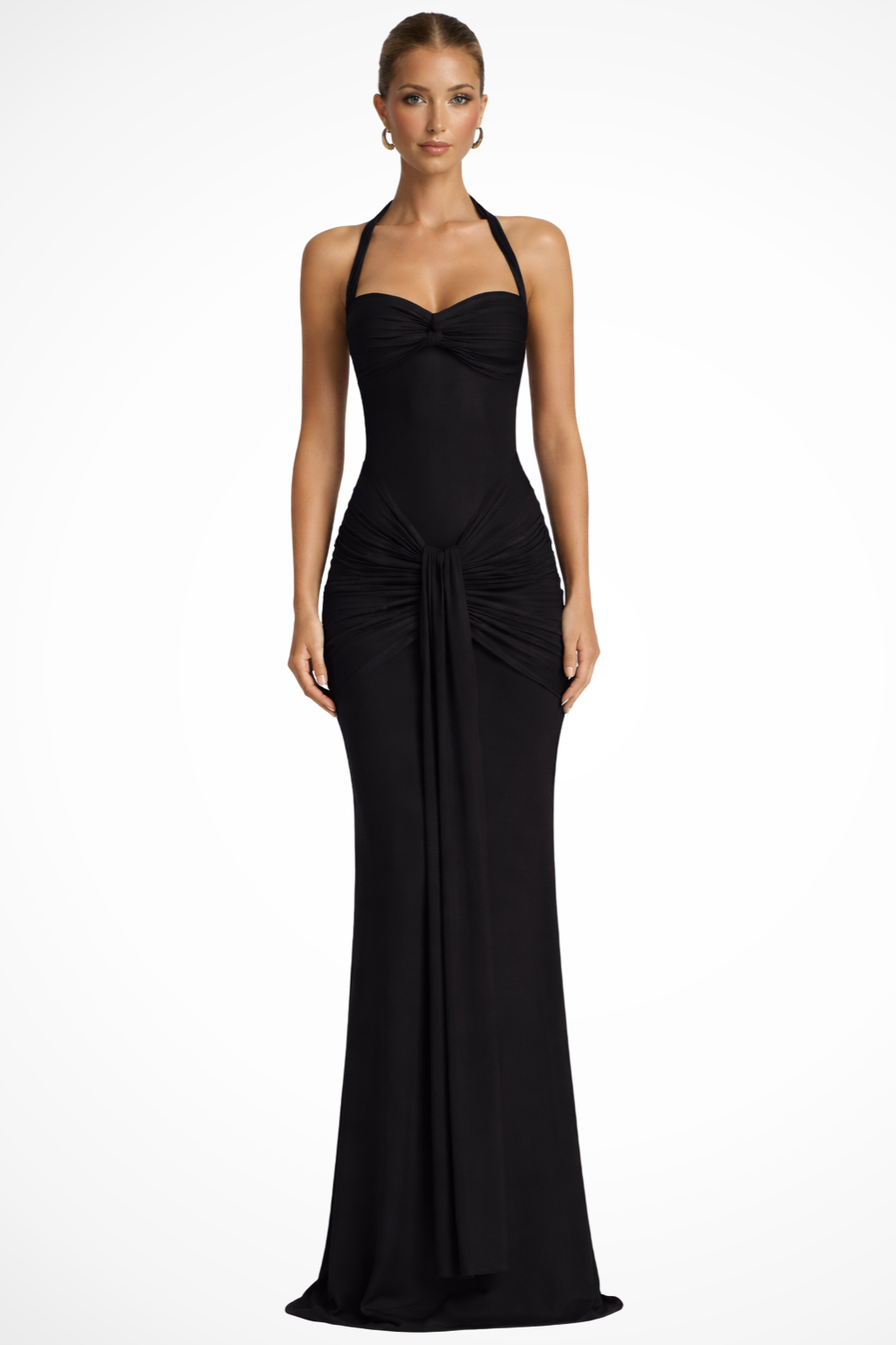 Women's Halter Neck Wedding Guest Maxi Dress - Twist Front Bodice and Gathered Hip Detail