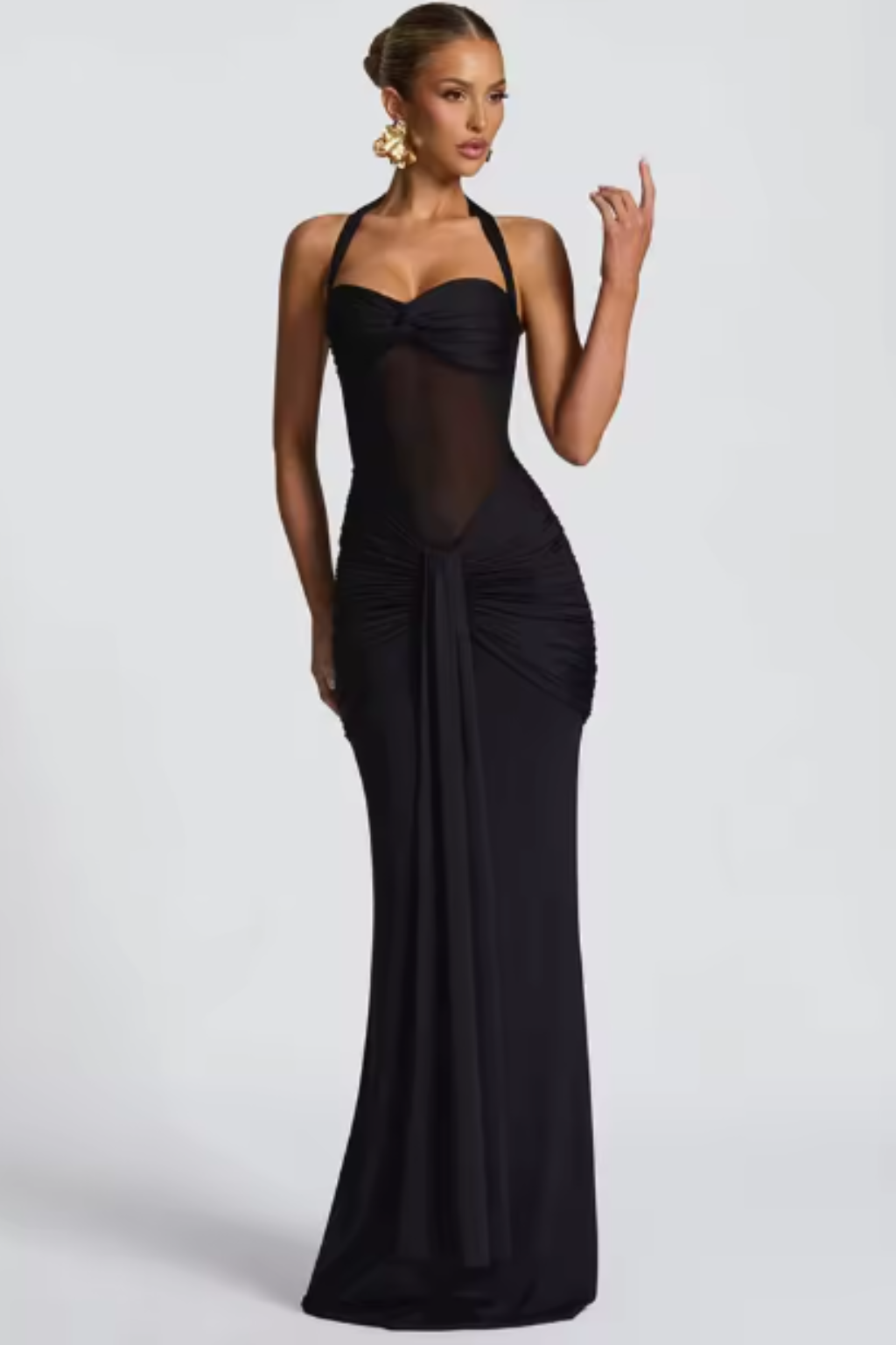 Women's Halter Neck Wedding Guest Maxi Dress - Twist Front Bodice and Gathered Hip Detail