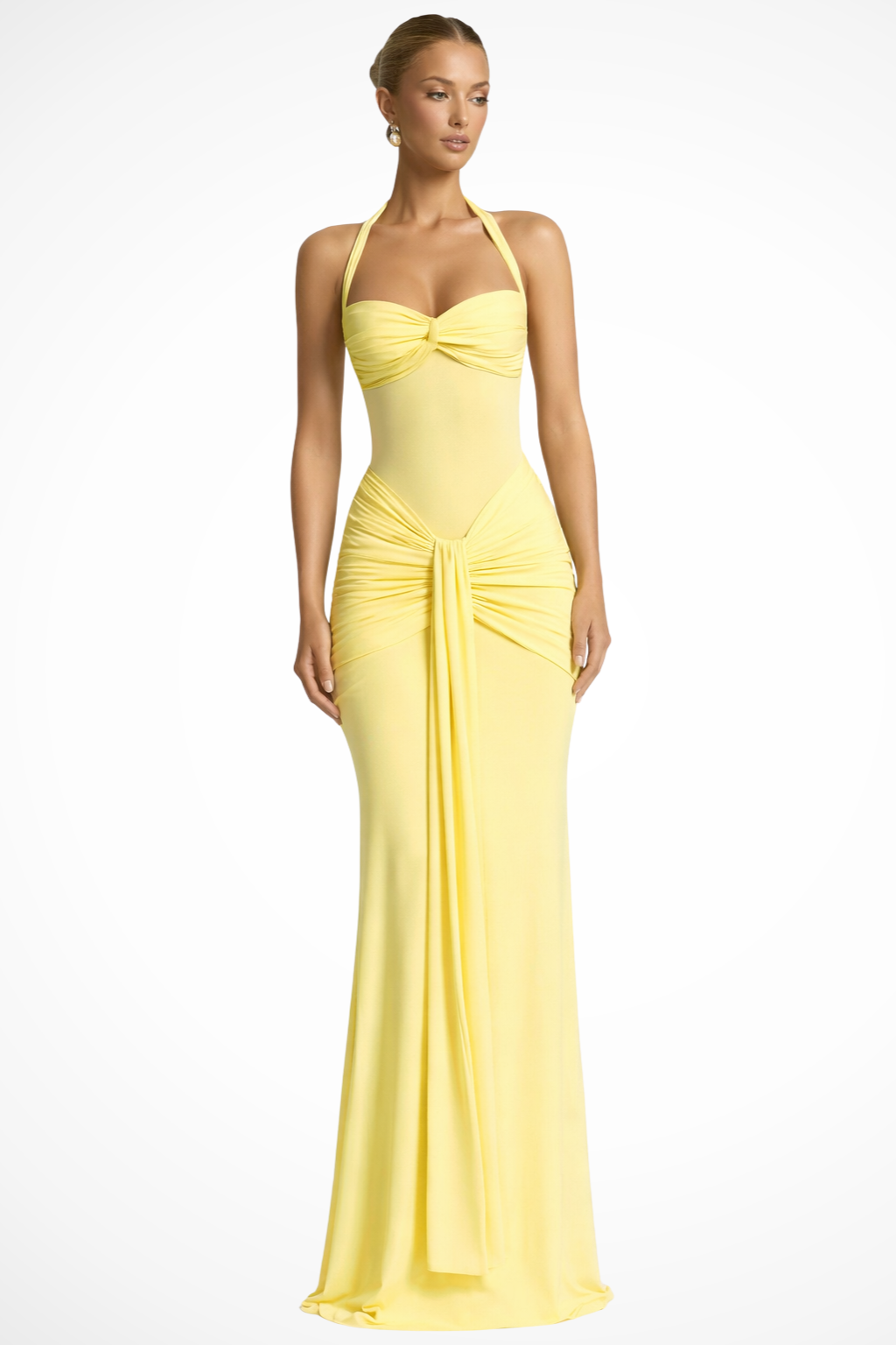 Women's Halter Neck Wedding Guest Maxi Dress - Twist Front Bodice and Gathered Hip Detail