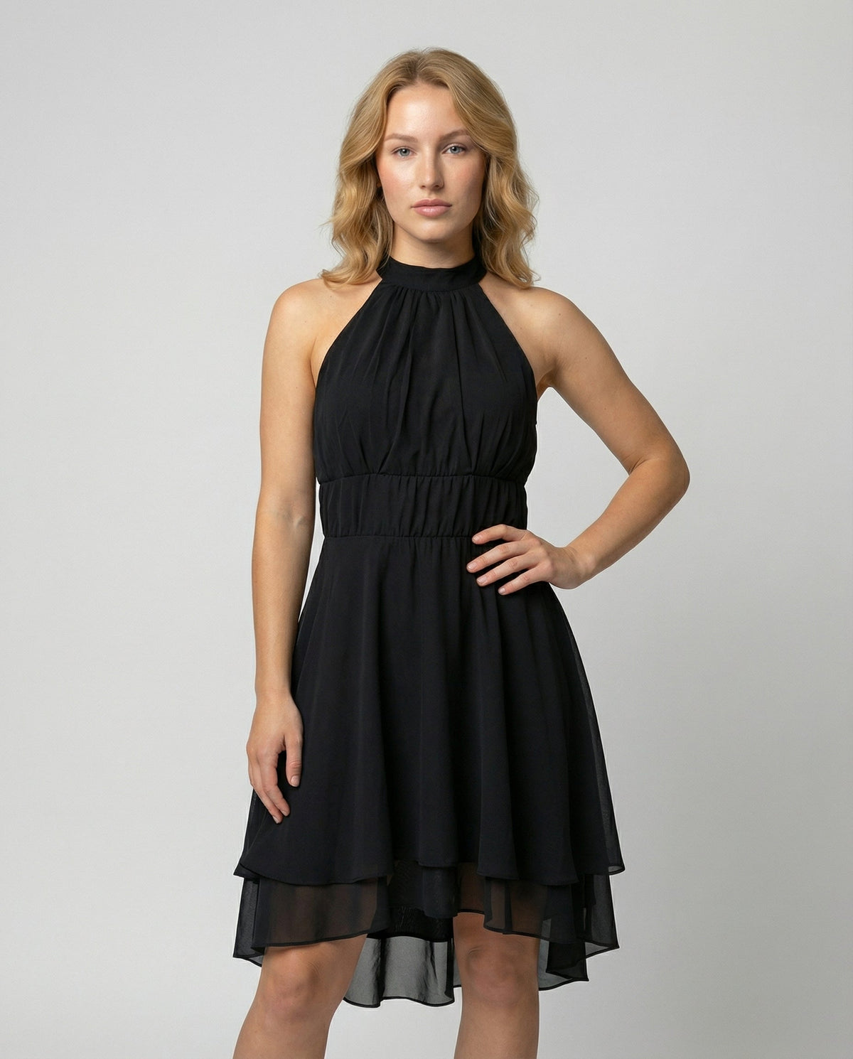 Women's Halter Neck Mini Dress - Pleated Bodice and Layered Hem
