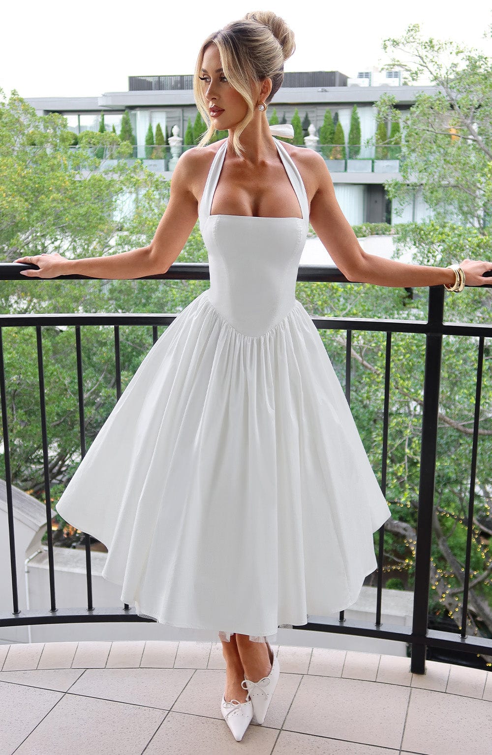 Women's Halter Pleated Midi Dress - Smocked Bodice