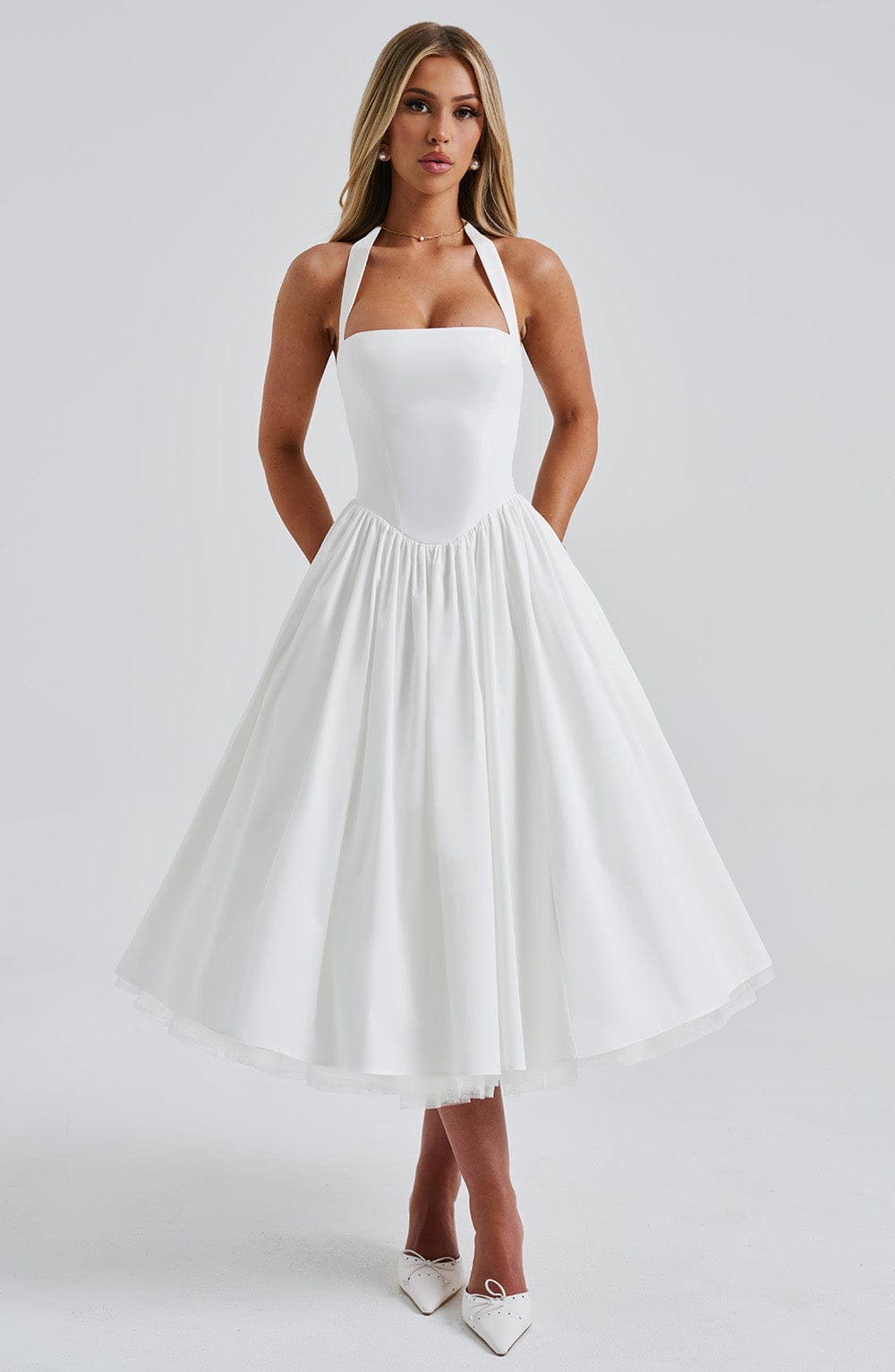 Women's Halter Pleated Midi Dress - Smocked Bodice