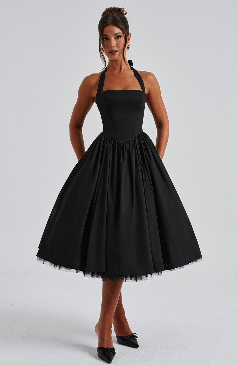Women's Halter Pleated Midi Dress - Smocked Bodice
