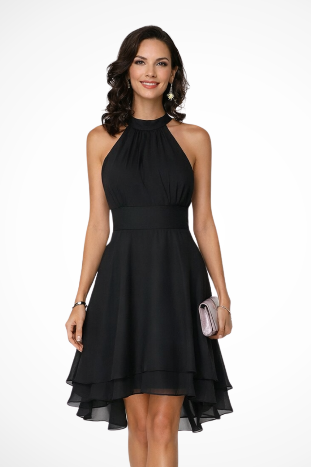 Women's High Neck Mini Skater Dress - Ruched Bodice and Layered Skirt Detail