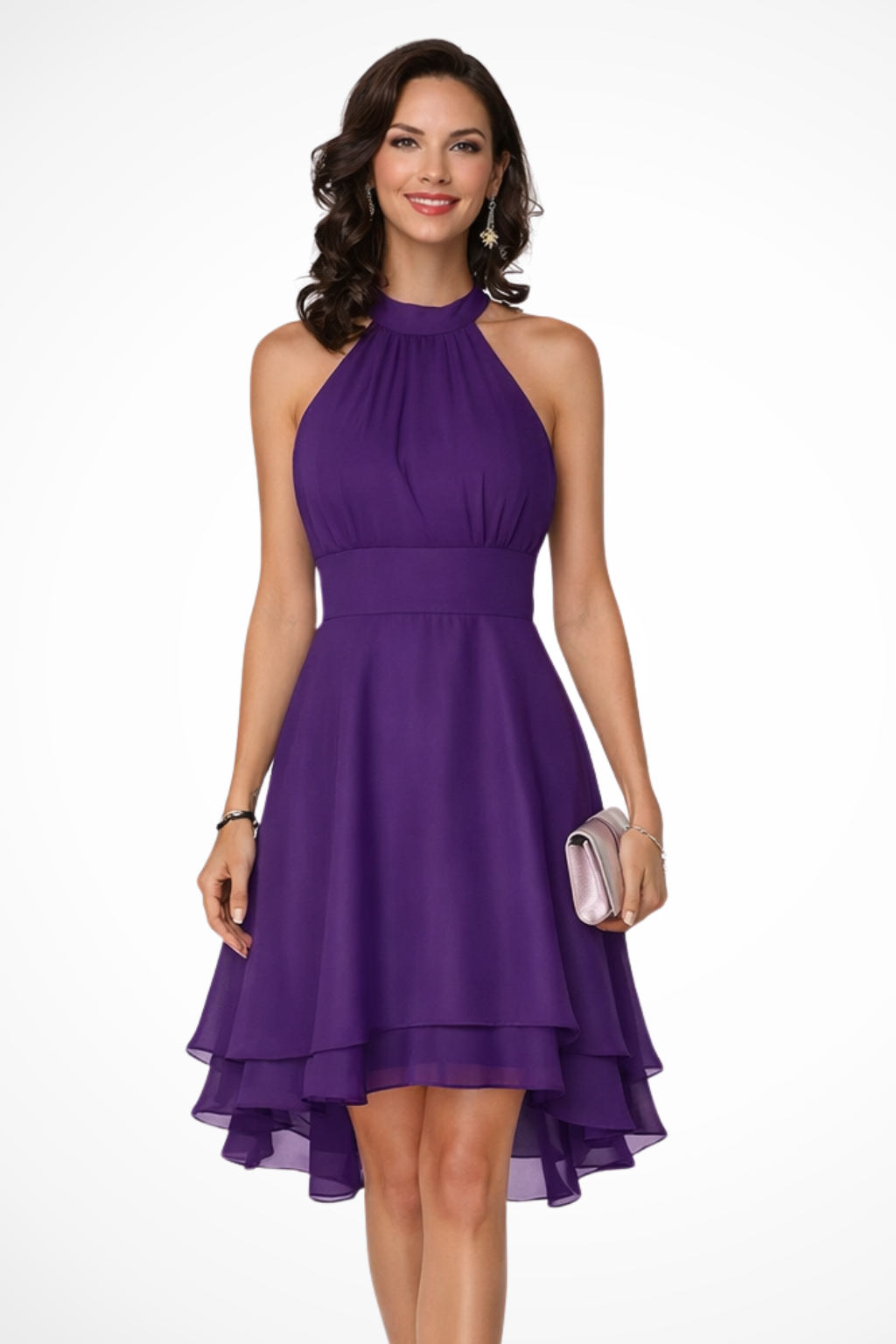Women's High Neck Mini Skater Dress - Ruched Bodice and Layered Skirt Detail