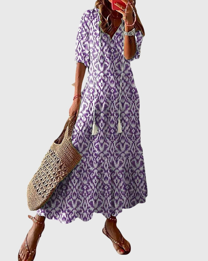 Women's Ikat Print Midi Dress - V-Neck and Tassel Tie Detail