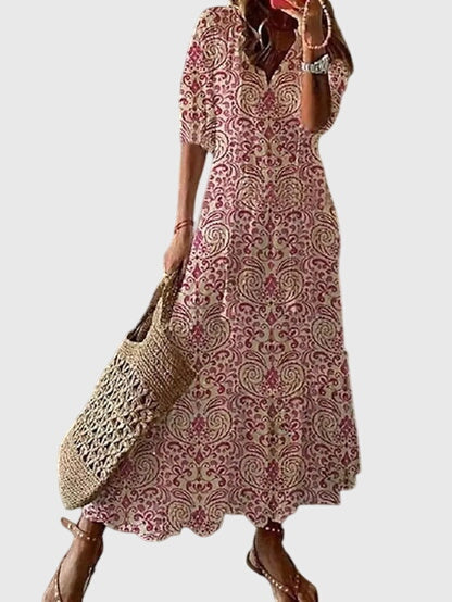 Women's Ikat Print Midi Dress - V-Neck and Tassel Tie Detail