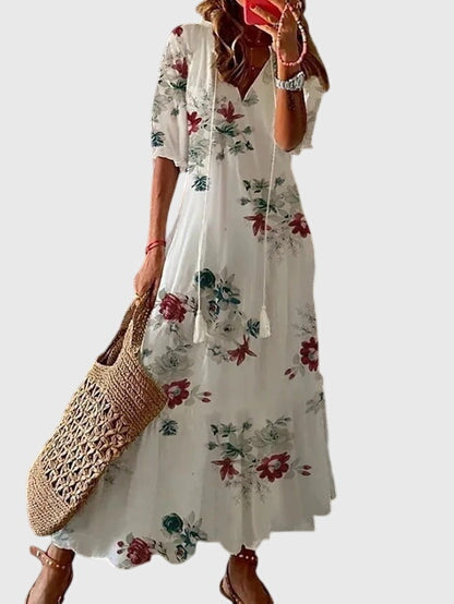 Women's Ikat Print Midi Dress - V-Neck and Tassel Tie Detail