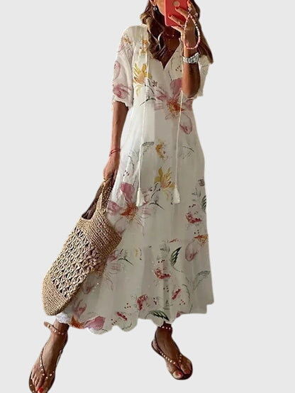Women's Ikat Print Midi Dress - V-Neck and Tassel Tie Detail
