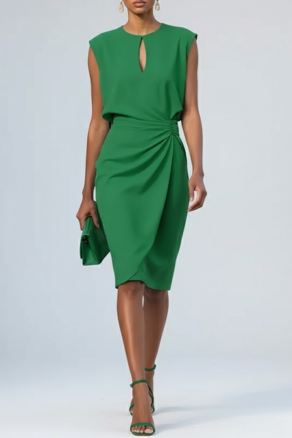 Women's Keyhole Neck Midi Dress - Ruched Waist and Cap Sleeves