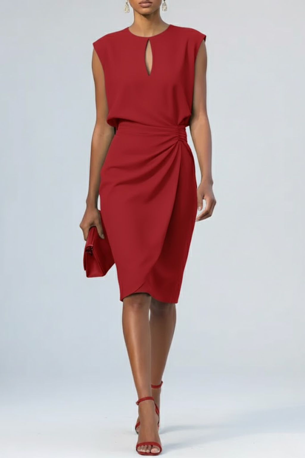 Women's Keyhole Neck Midi Dress - Ruched Waist and Cap Sleeves