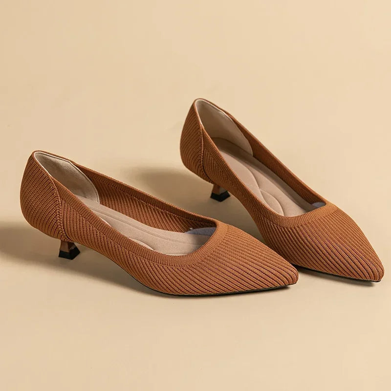 Women's Kitten Heels - Pointed Toe Ribbed Knit and Padded Insole Detail